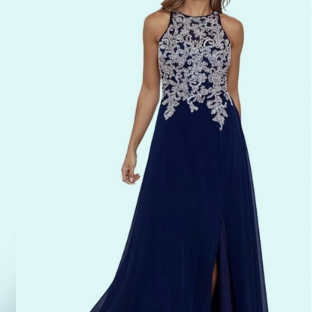 Betsy & Adam Navy Blue Rose Gold Embellished Bodice Chiffon Gown